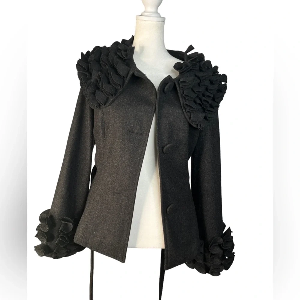 Feratelli Elegant Black Pea Coat with Ruffle Details - Picture 3 of 10